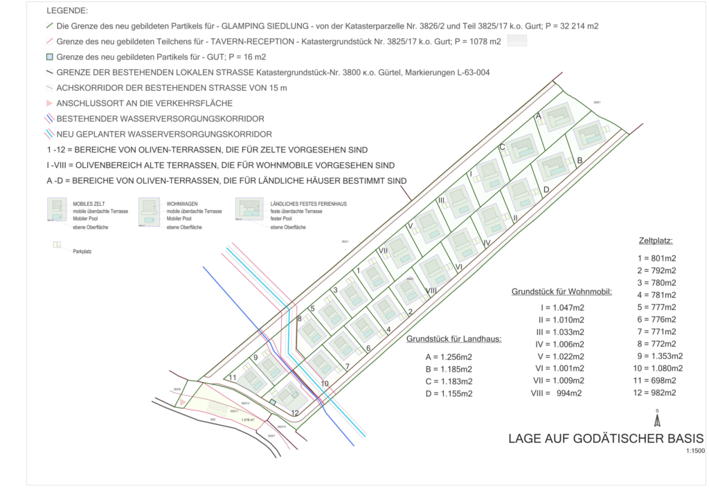 Ein Lageplan, der eine Glamping-Siedlung zeigt, die in mehrere Parzellen mit ausgewiesenen Bereichen für Parkplätze, Straßen, Terrassen, Dienstleistungen und sanitäre Einrichtungen unterteilt ist. Verschiedene Parzellengrößen und -layouts werden detailliert beschrieben, zusammen mit einer Legende, die Symbole und Beschriftungen auf Deutsch erklärt.