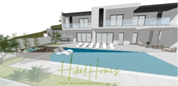 Abbildung eines modernen Luxushauses mit großen Fenstern und Balkonen. Im Vordergrund sind ein Swimmingpool, Liegestühle und ein Garten zu sehen. Der Text lautet „Hikel Homes“ und „Traum- & Ferienimmobilien in Kroatien“. - 1515m² Bauland mit fertigen Bauprojekt in Panoramahanglage mit traumhaften Rundumblick aufs Meer