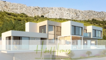 Modernes, weißes, mehrstöckiges Haus mit großen Fenstern und Balkonen, vor einem felsigen Hügel gelegen und von viel Grün umgeben. Unten ist der Text „Hike Homes“ und „TRAUM- & FERIENIMMOBILIEN IN KROATIEN“ eingeblendet. - Extraklasse Meerblick Villa Three-Of-Three / Pool, 4 SZ, Lift, Konoba, Fitness, …