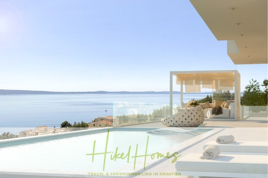 Eine luxuriöse Villa am Meer mit Infinity-Pool mit Blick auf das Meer. Der Poolbereich verfügt über Lounge-Sitzgelegenheiten und ein Vordach. Unten erscheint der Text „Hikel Homes“ und „Traum & Ferienimmobilien in Kroatien“. - Extraklasse Meerblick Villa Three-Of-Three / Pool, 4 SZ, Lift, Konoba, Fitness, ...