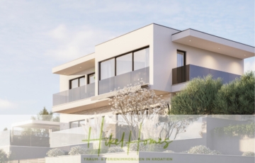 Modernes weißes zweistöckiges Haus mit großen Fenstern und Glasbalkons. Umgeben von üppigem Grün und einem klaren blauen Himmel. Der Text „Hotel Homes“ und ein Satz über traumhafte Ferienimmobilien in Kroatien sind unten eingeblendet. - Erstbezug im April! Schlüsselfertige luxeriös eingerichtete Meerblick Villa / Pool, 3 SZ, …